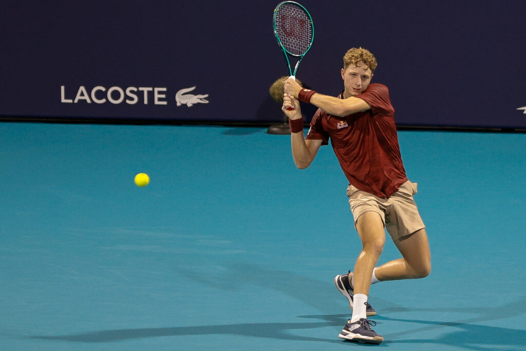 Martin Landaluce (ESP) in action during a Men's Singles qualifying 1st round match against Mackenzie McDonald (USA) at the Miami Open on March 16, 2026, at Hard Rock Stadium in Miami Gardens, Florida,