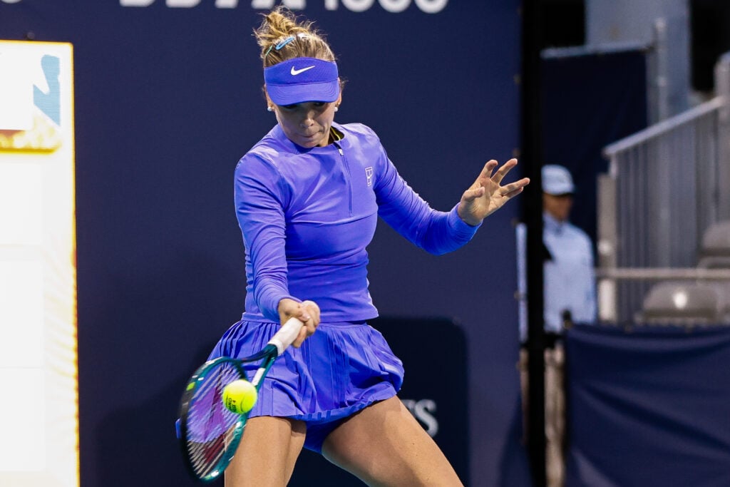 Katie Boulter (GB) in action during a Women's Singles qualifying 2nd round match against Jessica Bouzas Maneiro (ESP) at the Miami Open on March 17, 2026, at Hard Rock Stadium in Miami Gardens, Florida.