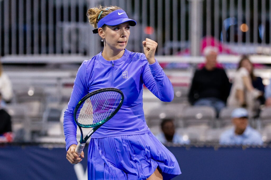 Katie Boulter (GB) in action during a Women's Singles qualifying 2nd round match against Jessica Bouzas Maneiro (ESP) at the Miami Open on March 17, 2026, at Hard Rock Stadium in Miami Gardens, Florida.