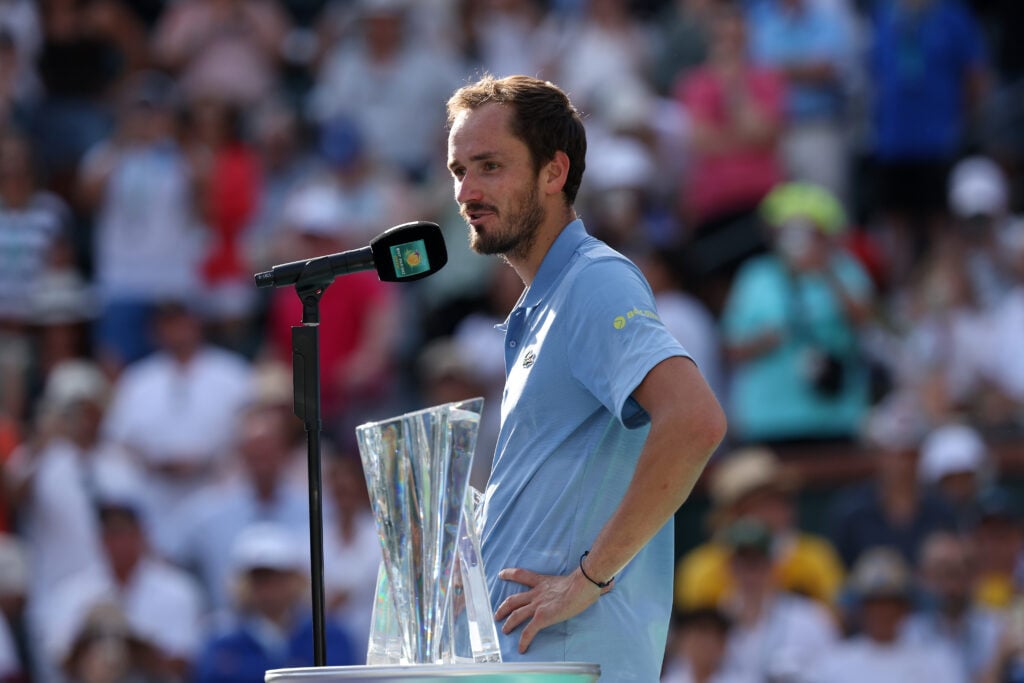 Daniil Medvedev talks to the crowd after a loss against Jannik Sinner of Italy following their Men's Singles Finals match on Day 12 of the BNP Paribas Open at Indian Wells Tennis Garden on March 15, 2026 in Indian Wells, California.