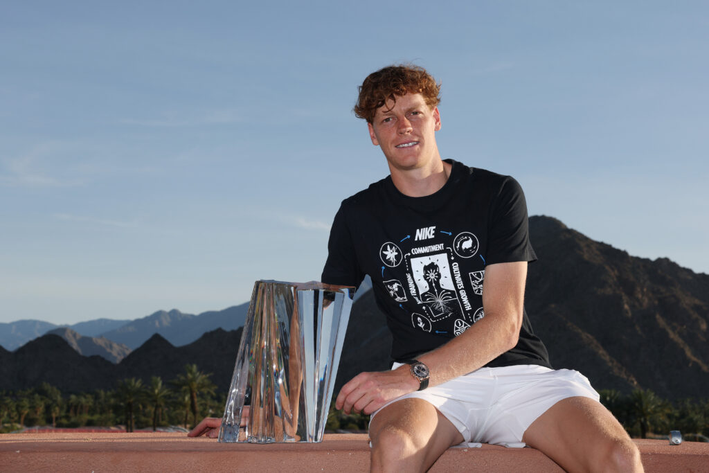 Jannik Sinner of Italy poses with the championship trophy after defeating Daniil Medvedev during their Men's Singles Finals match on Day 12 of the BNP Paribas Open at Indian Wells Tennis Garden on March 15, 2026 in Indian Wells, California.