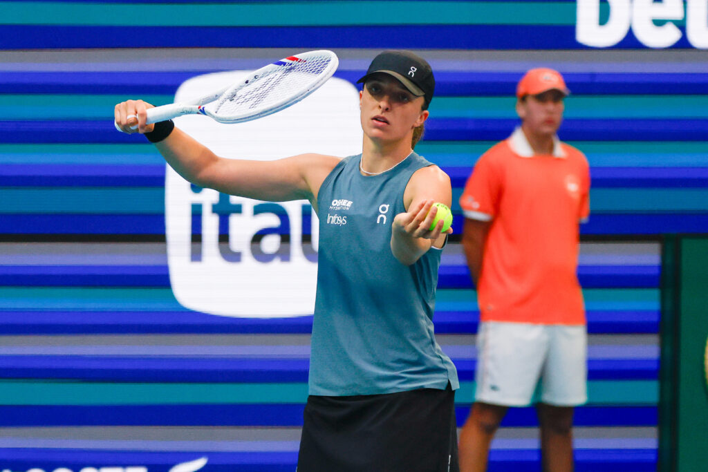 Iga Swiatek (POL) in action during a Women's Singles Round 1 match against Magda Linette (POL) at the Miami Open on March 19, 2026, at Hard Rock Stadium in Miami Gardens, Florida.