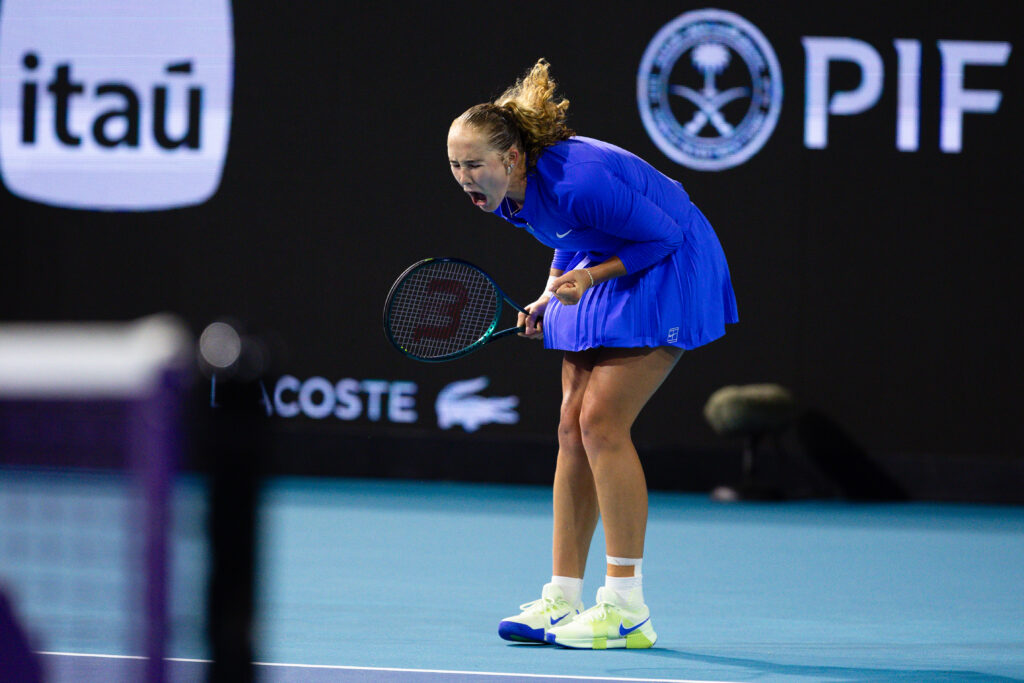 Mirra Andreeva reacts during her first-round match against McCartney Dressler of the United States on Day 3 of the Miami Open at Hard Rock Stadium in Miami Gardens, Florida, on March 19, 2026.