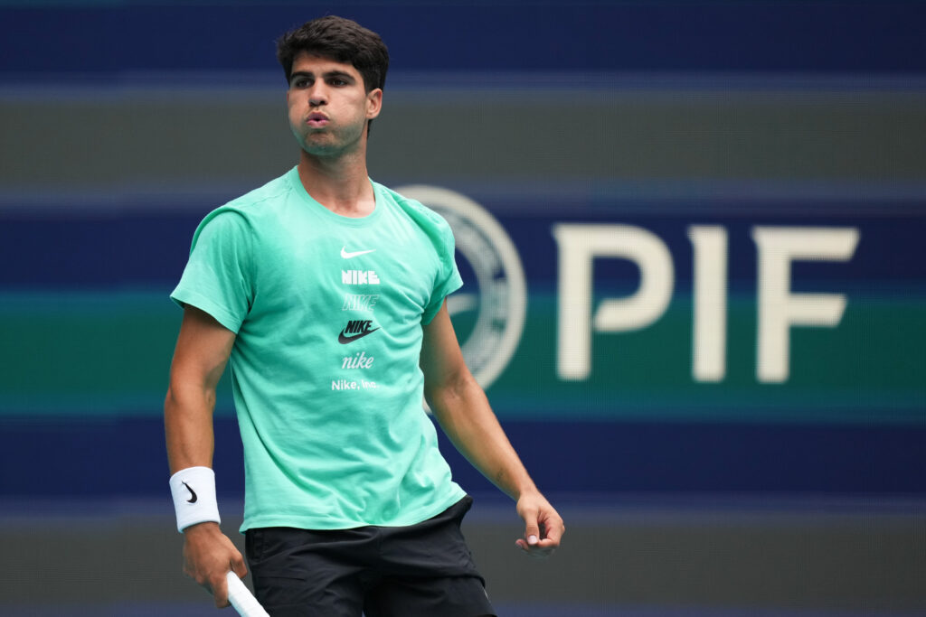 Carlos Alcaraz of Spain practices on day 1 of the Miami Open at Hard Rock Stadium on March 17, 2026 in Miami Gardens, Florida.