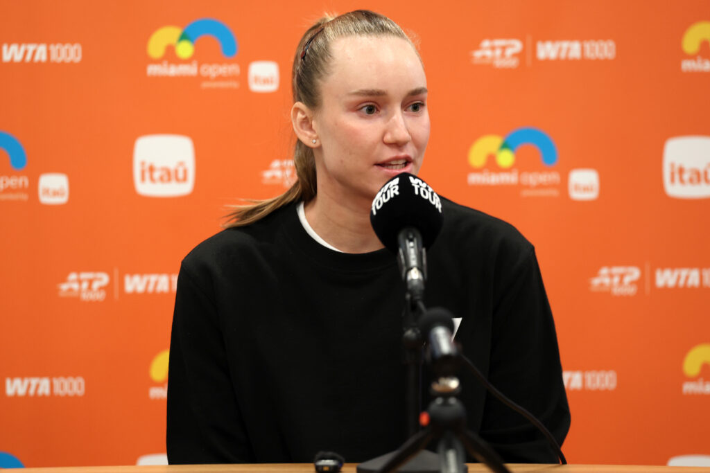 Elena Rybakia of Kazakhstan fields questions from the media on Day 2 of the Miami Open Presented by Itau at Hard Rock Stadium on March 18, 2026 in Miami Gardens, Florida.