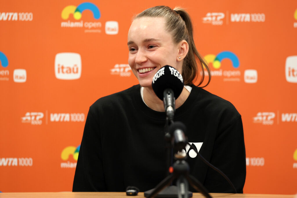 Elena Rybakia of Kazakhstan fields questions from the media on Day 2 of the Miami Open Presented by Itau at Hard Rock Stadium on March 18, 2026 in Miami Gardens, Florida.
