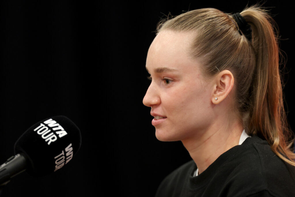 Elena Rybakina of Kazakhstan fields questions from the media on Day 2 of the Miami Open Presented by Itau at Hard Rock Stadium on March 18, 2026 in Miami Gardens, Florida.