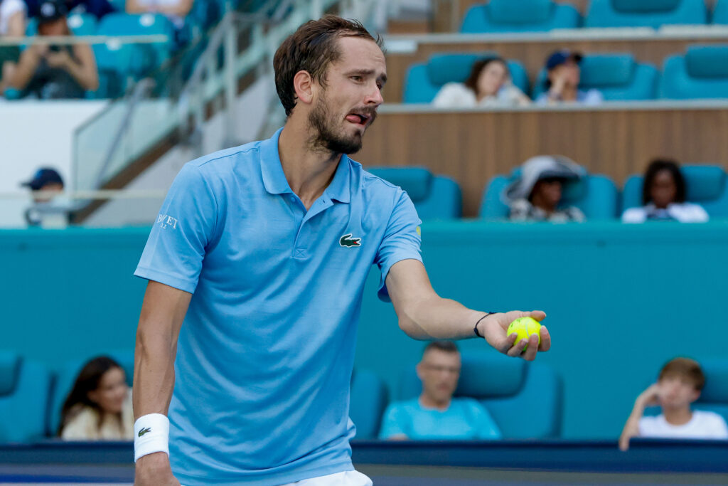 Daniil Medvedev in action during a men's Singles match against Rei Sakamoto (JPN) at the Miami Open on March 21, 2026, at Hard Rock Stadium in Miami Gardens, Florida,