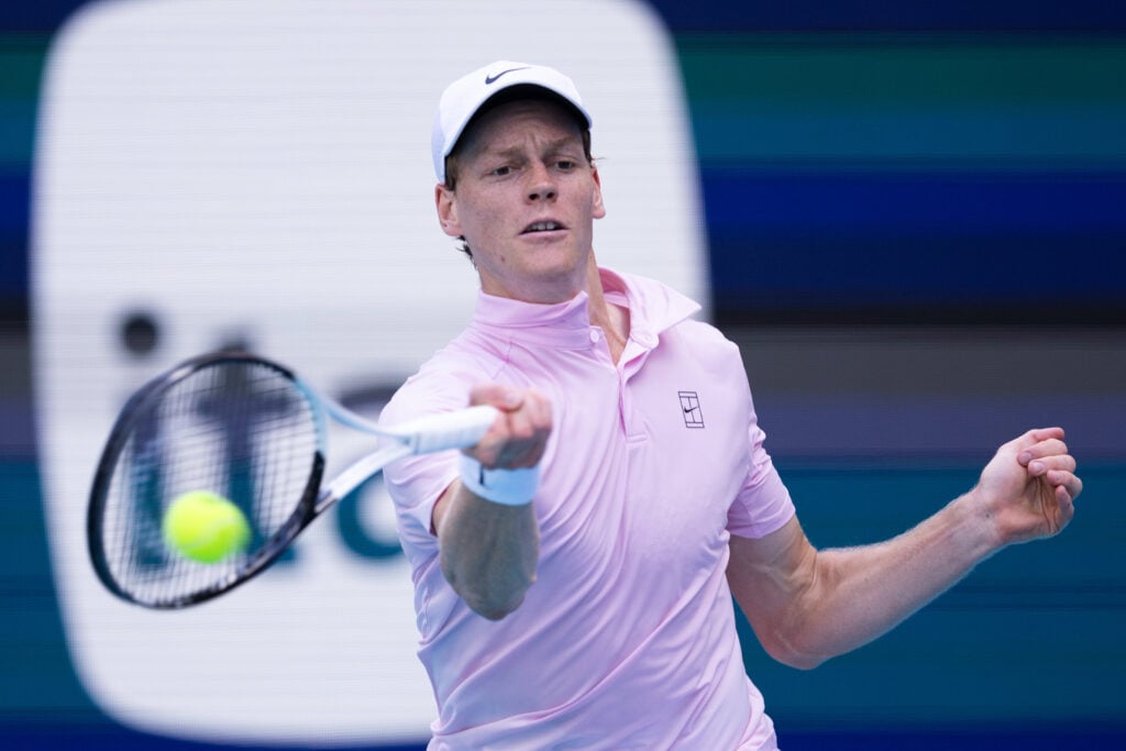 Jannik Sinner of Italy returns a shot against Damir Dzumhur of Bosnia-Herzegovina during their second-round match on Day 5 of the Miami Open at Hard Rock Stadium in Miami Gardens, Florida, on March 21, 2026.