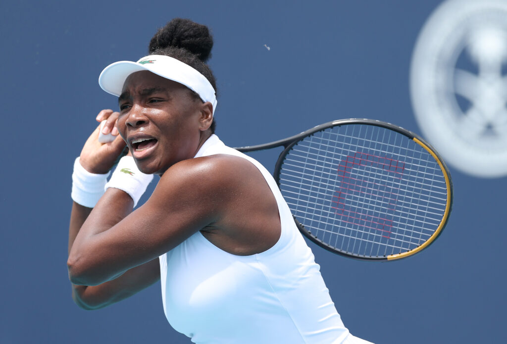 Venus Williams returns a shot during the 2026 Miami Open