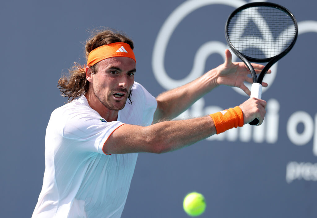 Stefanos Tsitsipas of Greece returns a shot against Arthur Ferry of Great Britain during Day 3 of the Miami Open at Hard Rock Stadium on March 19, 2026 in Miami Gardens, Florida.