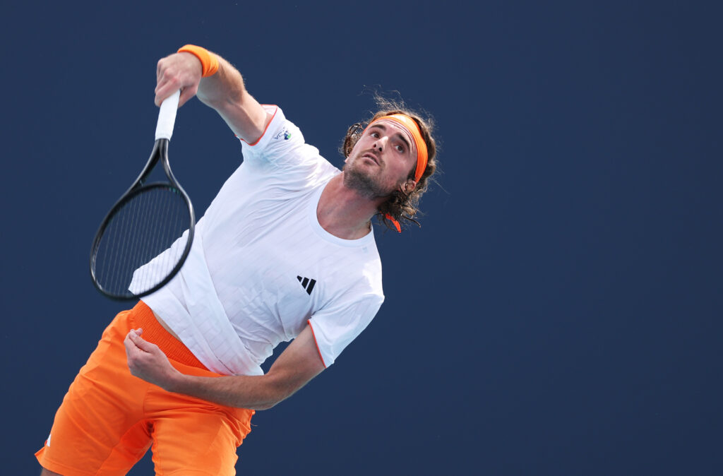 Stefanos Tsitsipas of Greece serves against Arthur Ferry of Great Britain during Day 3 of the Miami Open at Hard Rock Stadium on March 19, 2026 in Miami Gardens, Florida.