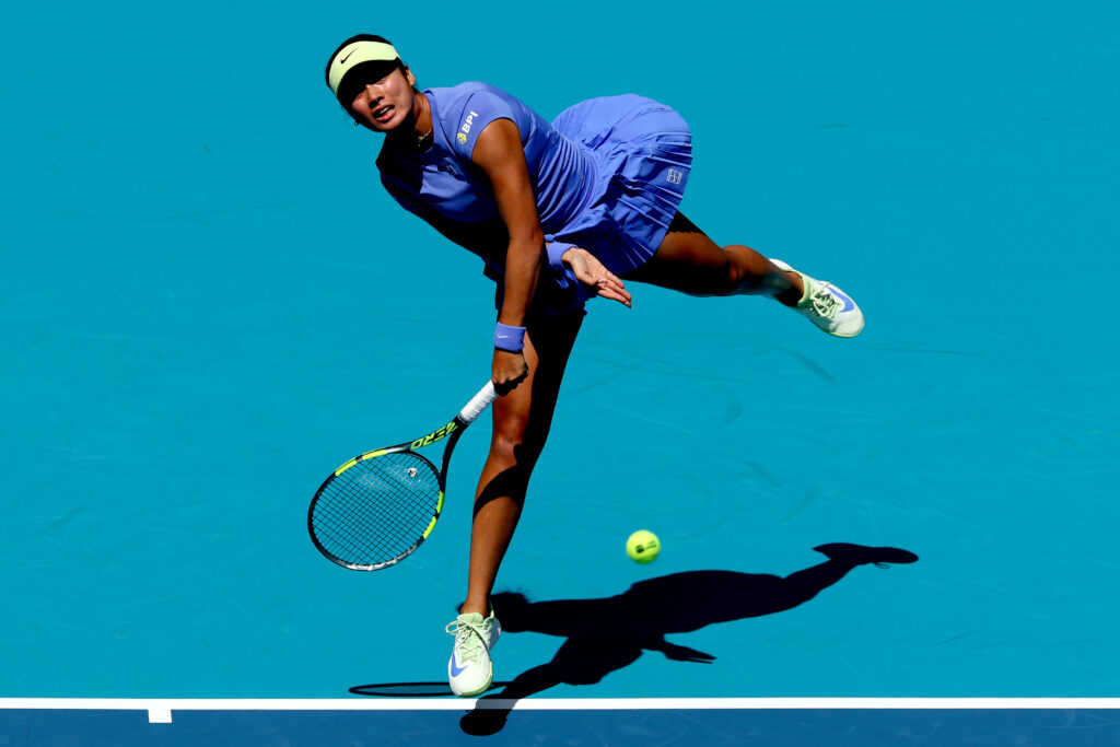 Alexandra Eala of the Philippines serves to Laura Siegemund of Germany on Day 3 of the Miami Open Presented by Itau at Hard Rock Stadium on March 19, 2026 in Miami Gardens, Florida.