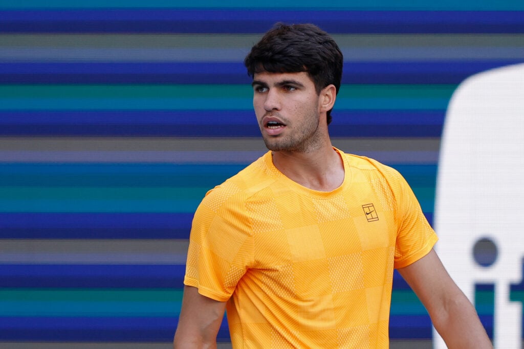 Carlos Alcaraz (ESP) in action during his men's third round singles match against Sebastian Korda (USA) at the Miami Open on March 22, 2026, at Hard Rock Stadium in Miami Gardens, Florida.