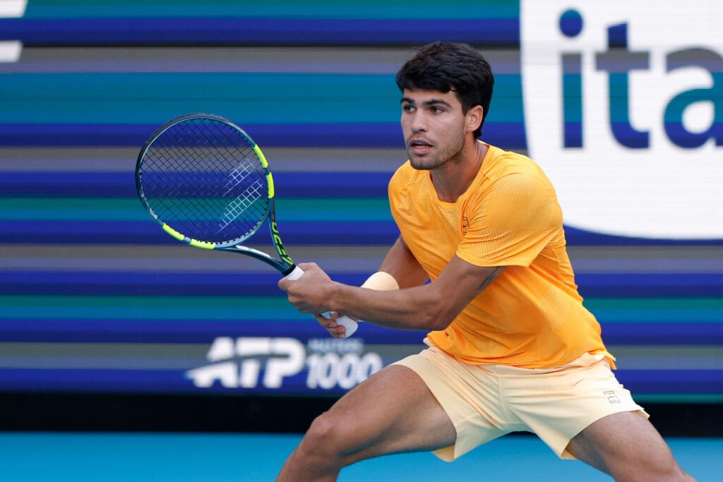 Carlos Alcaraz in action against Sebastian Korda at the 2026 Miami Open