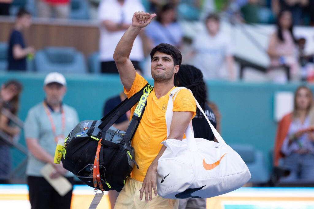 Carlos Alcaraz exits the court after losing to Sebastian Korda at the 2026 Miami Open