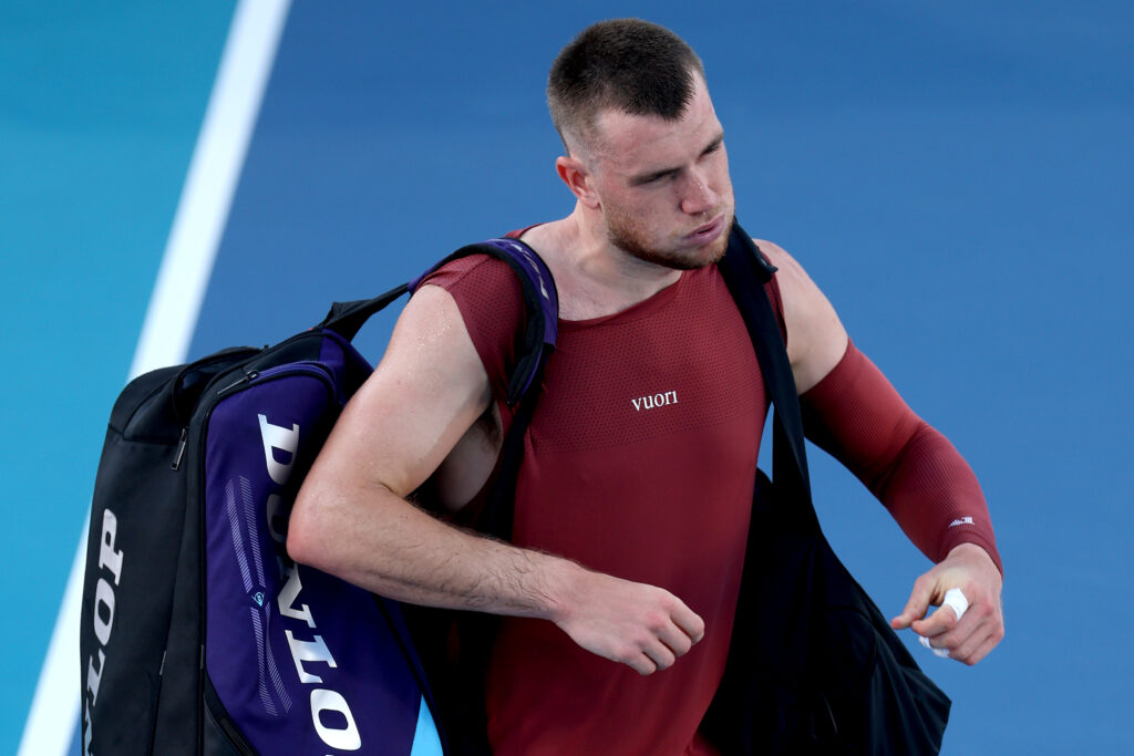Jack Draper of Great Britain leaves the court after losing to Reilly Opelka of the United States on Day 4 of the Miami Open Presented by Itau at Hard Rock Stadium on March 20, 2026 in Miami Gardens, Florida.