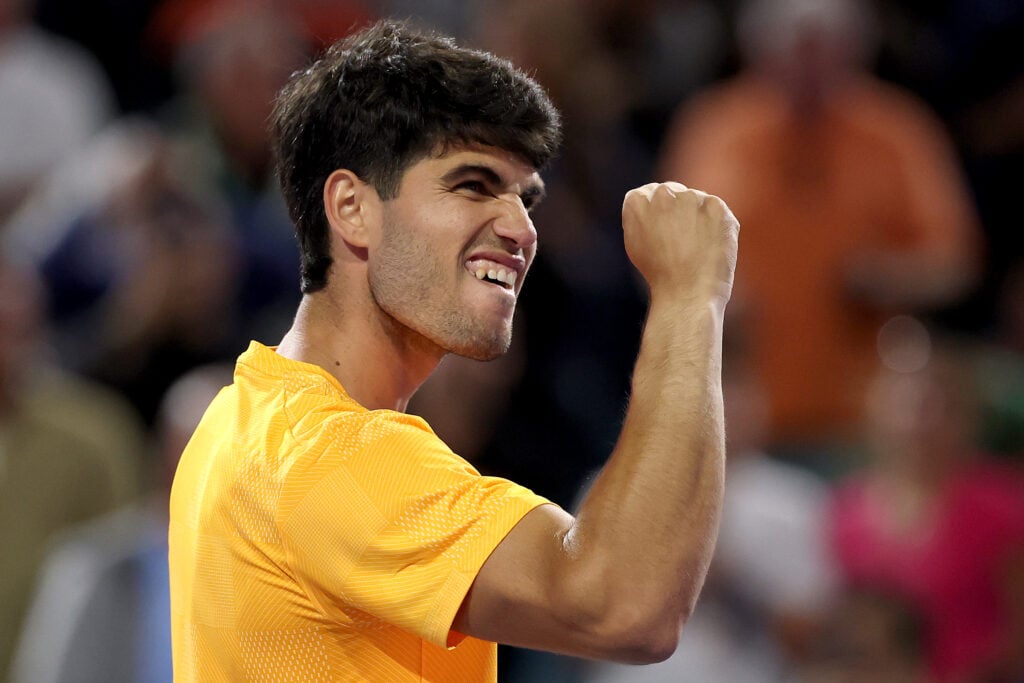 Carlos Alcaraz of Spain celebrates his win over Joao Fonseca of Brazil on Day 4 of the Miami Open Presented by Itau at Hard Rock Stadium on March 20, 2026 in Miami Gardens, Florida.