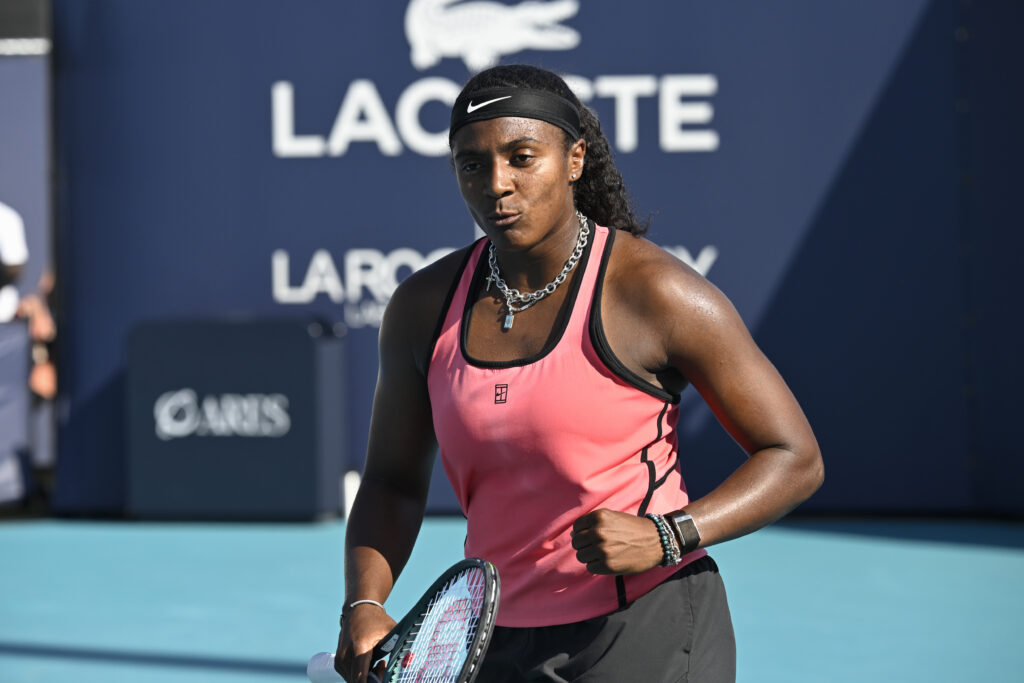 Hailey Baptiste of the United States reacts after winning the point, against, Jelena Ostapenko of Latvia on Day 7 of the Miami Open Presented by Itau at Hard Rock Stadium on March 23, 2026 in Miami Gardens, Florida.