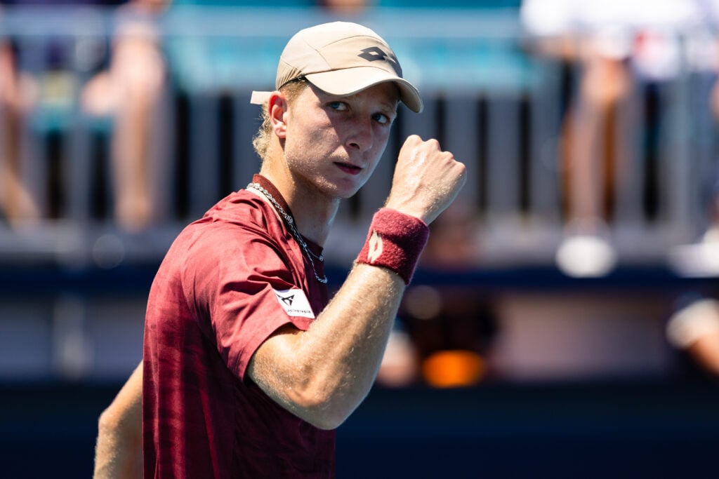 Martin Landaluce of Spain pumps his fist during a match against Sebastian Korda of the United States on Day 8 of the Miami Open at Hard Rock Stadium in Miami Gardens, Florida, on March 24, 2026.