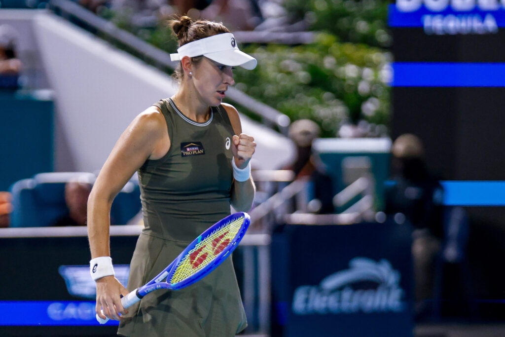 Belinda Bencic (SUI) in action during a women's fourth round singles match against Coco Gauff (USA) at the Miami Open on March 24, 2026, at Hard Rock Stadium in Miami Gardens, Florida,
