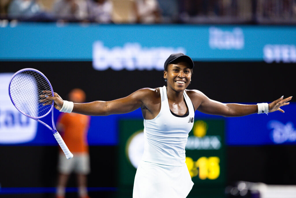 Coco Gauff of the United States celebrates her win against Belinda Bencic of Switzerland during their quarterfinal match on Day 8 of the Miami Open at Hard Rock Stadium in Miami Gardens, Florida, on March 24, 2026.