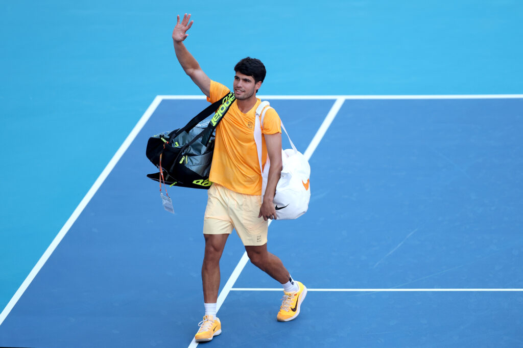 Carlos Alcaraz of Spain leaves the court after losing to Sebastian Korda of the United States on Day 6 of the Miami Open Presented by Itau at Hard Rock Stadium on March 22, 2026 in Miami Gardens, Florida.
