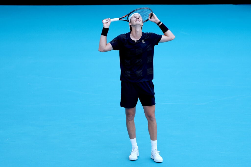 Seb Korda reacts after beating Carlos Alcaraz