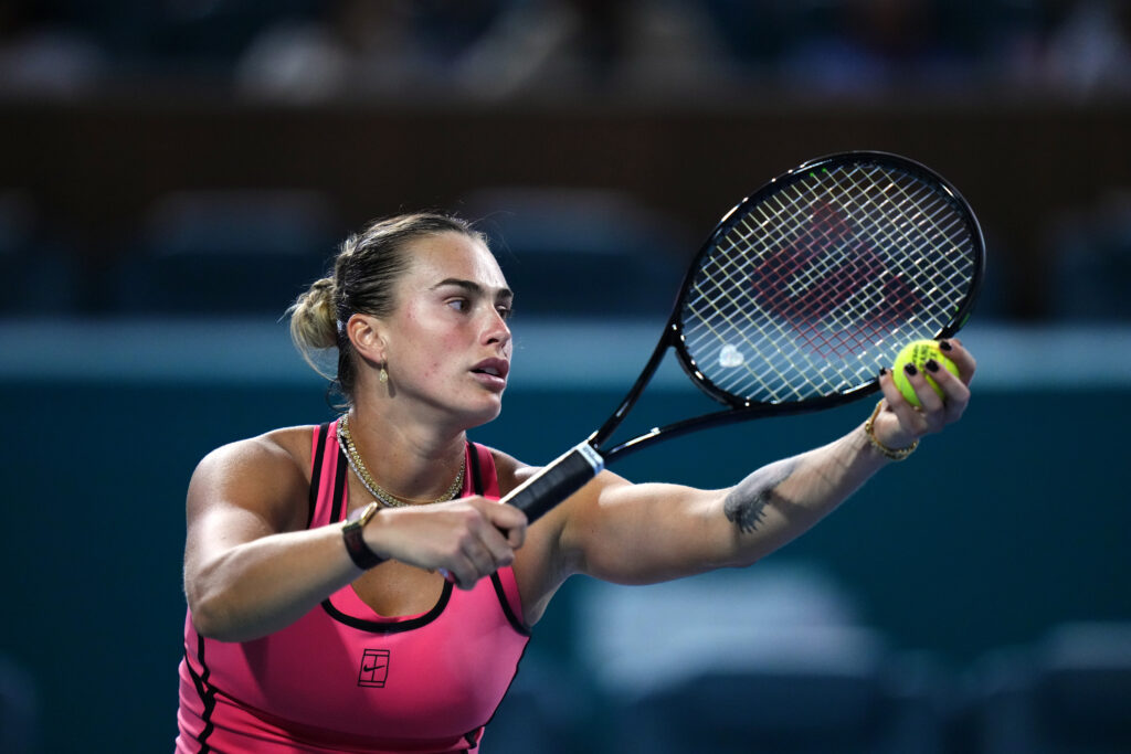 Aryna Sabalenka of Belarus serves against Caty McNally of the United States during Day 6 of the Miami Open at Hard Rock Stadium on March 22, 2026 in Miami Gardens, Florida.