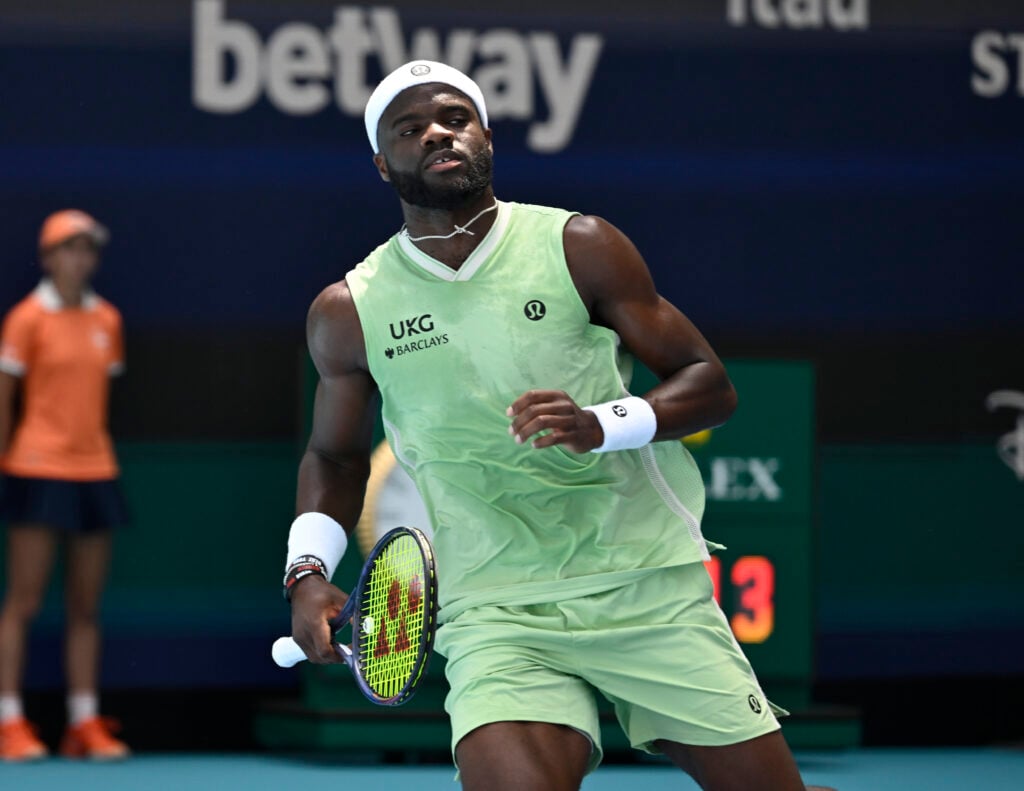 Frances Tiafoe pictured during his quarterfinal defeat to Jannik Sinner at the 2026 Miami Open