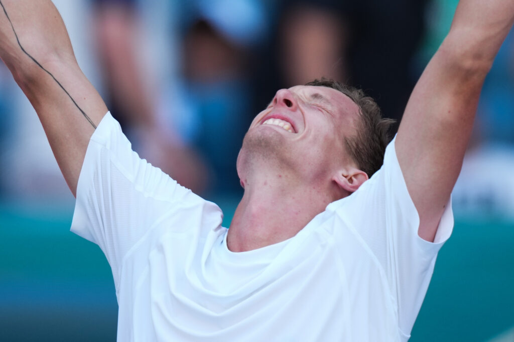 Jiri Lehecka celebrates after beating Taylor Fritz at the 2026 Miami Open