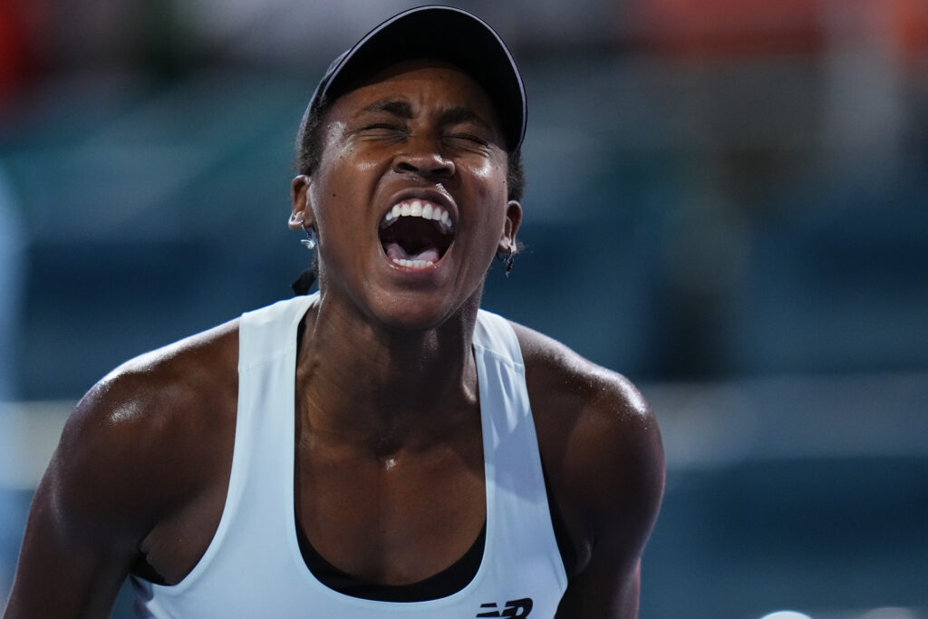 Coco Gauff celebrates at the 2026 Miami Open