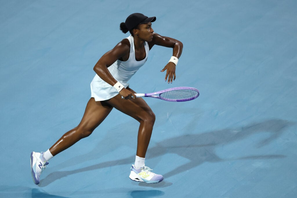 Coco Gauff of the United States plays Belinda Bencic of Switzerland in the Quarterfinals of the Women's Singles on Day 8 of the Miami Open Presented by Itau at Hard Rock Stadium on March 24, 2026 in Miami Gardens, Florida.