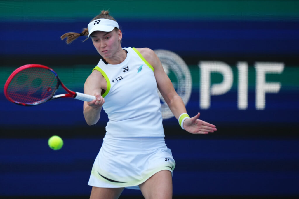 Elena Rybakina of Kazakhstan returns a shot against Jessica Pegula of the United States on Day 9 of the Miami Open at Hard Rock Stadium on March 25, 2026 in Miami Gardens, Florida.