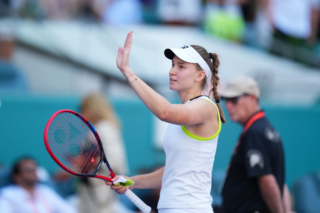 Elena Rybakina celebrates after beating Jessica Pegula in Miami