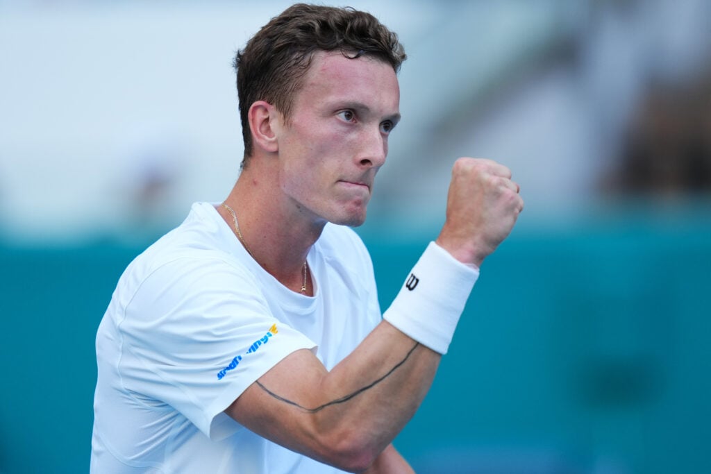 Jiri Lehecka of Czechia reacts against Martin Landaluce of Spain during their quarter final game on Day 9 of the Miami Open at Hard Rock Stadium on March 25, 2026 in Miami Gardens, Florida.