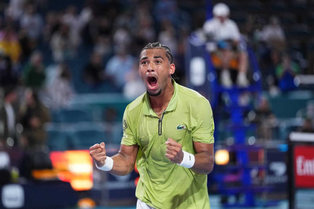 Arthur Fils of France celebrates after defeating Tommy Paul of the United States in their quarter final match on Day 9 of the Miami Open at Hard Rock Stadium on March 25, 2026 in Miami Gardens, Florida.