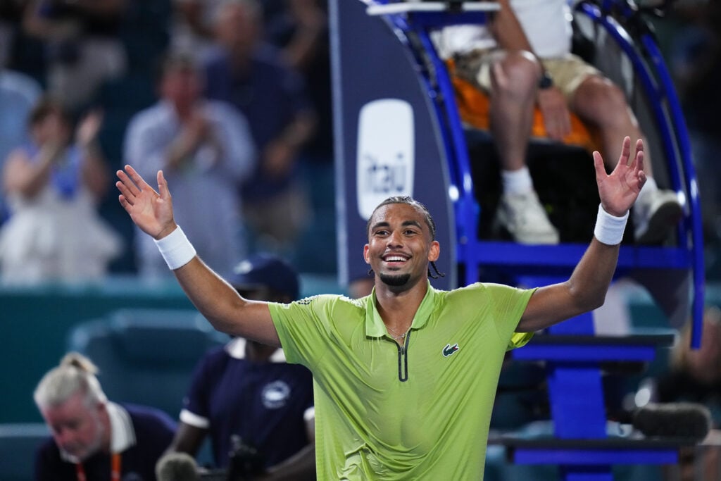 Arthur Fils of France celebrates after defeating Tommy Paul of the United States in their quarter final match on Day 9 of the Miami Open at Hard Rock Stadium on March 25, 2026 in Miami Gardens, Florida.