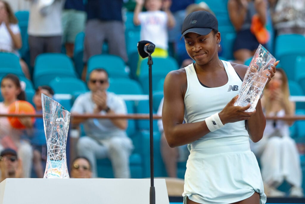 Coco Gauff (USA) speaks to the crowd after the women's final singles match against Aryna Sabalenka (not pictured) at the Miami Open on March 28, 2026, at Hard Rock Stadium in Miami Gardens, Florida