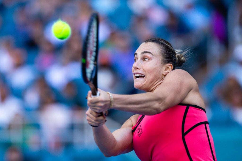 Aryna Sabalenka returns a shot against Coco Gauff of the United States on Day 12 of the Miami Open at Hard Rock Stadium in Miami Gardens, Florida, on March 28, 2026.