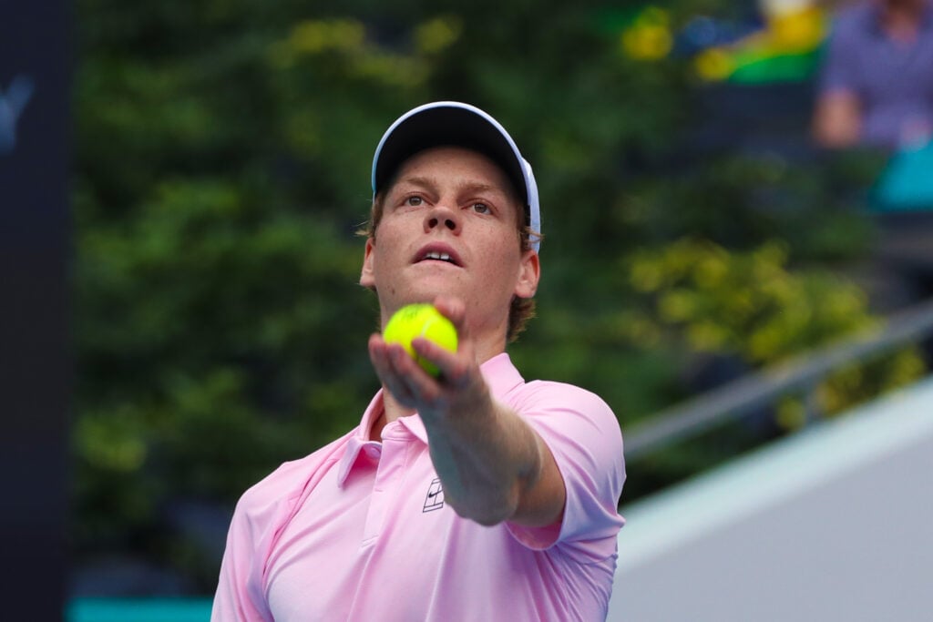 Yannik Sinner in action during the men's final singles match against Jiri Lehecka (CZE) (not pictured) at the Miami Open on March 29, 2026, at Hard Rock Stadium in Miami Gardens, Florida