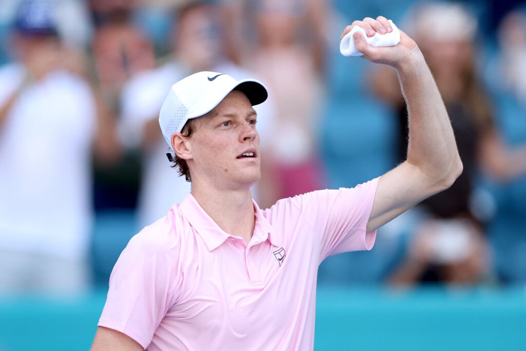 Jannik Sinner of Italy celebrates his win over Francis Tiafoe of the United States during the Men's Singles Quarterfinals on Day 10 of the Miami Open Presented by Itau at Hard Rock Stadium on March 26, 2026 in Miami Gardens, Florida.
