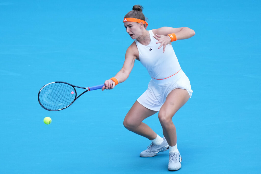 Karolina Muchova hits a return to Coco Gauff at the 2026 Miami Open