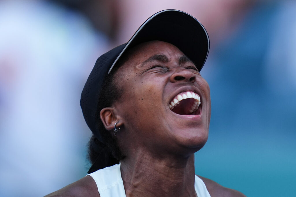 Coco Gauff celebrates her win over Karolina Muchova at the 2026 Miami Open