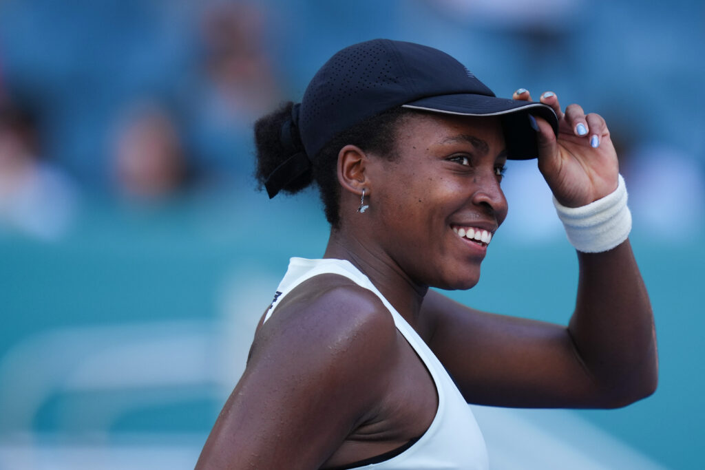 Coco Gauff celebrates at the 2026 Miami Open