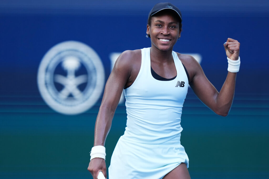Coco Gauff of the United States celebrates after defeating Karolina Muchova of Czechia during their semi final match on day 10 of the Miami Open at Hard Rock Stadium on March 26, 2026 in Miami Gardens, Florida.