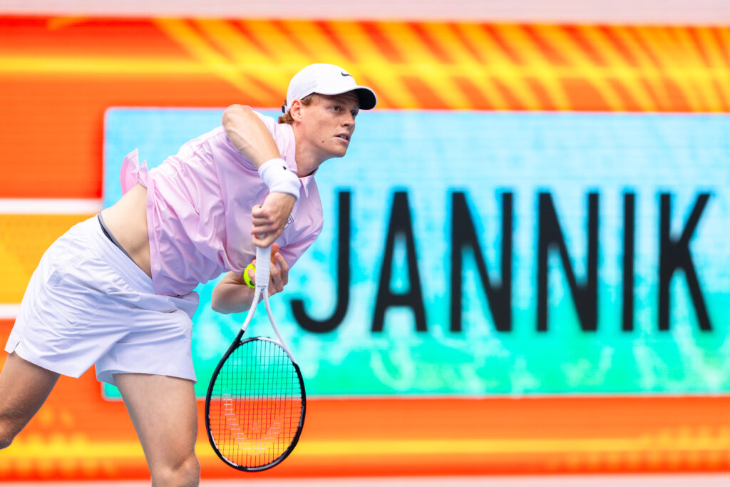 Jannik Sinner of Italy warms up serves against Jiri Lehecka of Czechia during their championship match on Day 13 of the Miami Open at Hard Rock Stadium in Miami Gardens, Florida, on March 29, 2026.