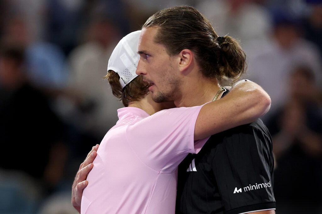 Jannik SInner of Italy is congratulated by Alexander Zverev of Germany after their match during the Men's Semifinals on Day 11 of the Miami Open Presented by Itau at Hard Rock Stadium on March 27, 2026 in Miami Gardens, Florida.
