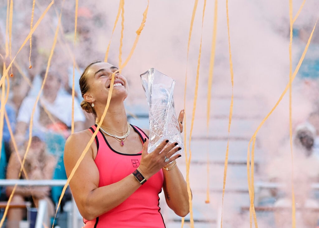 Aryna Sabalenka celebrates after winning the 2026 Miami Open