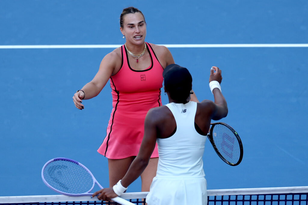 Aryna Sabalenka is congratulated by Coco Gauff of the United States after their match during the Women's Singles Final on Day 12 of the Miami Open Presented by Itau at Hard Rock Stadium on March 28, 2026 in Miami Gardens, Florida.